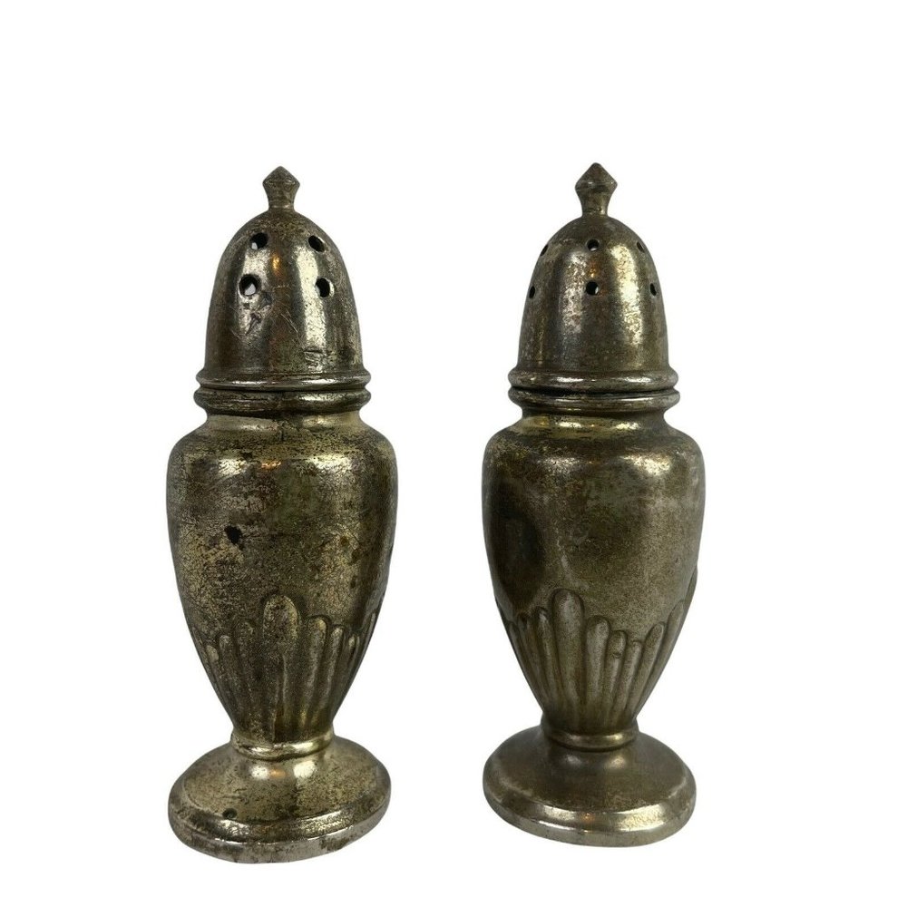 VTG Metal Salt & Pepper Shakers Occupied Japan Vase 3" Art Deco Style Patina